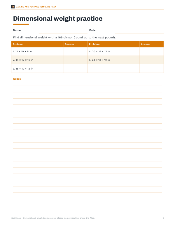 Preview of Printable Dimensional Weight Worksheet