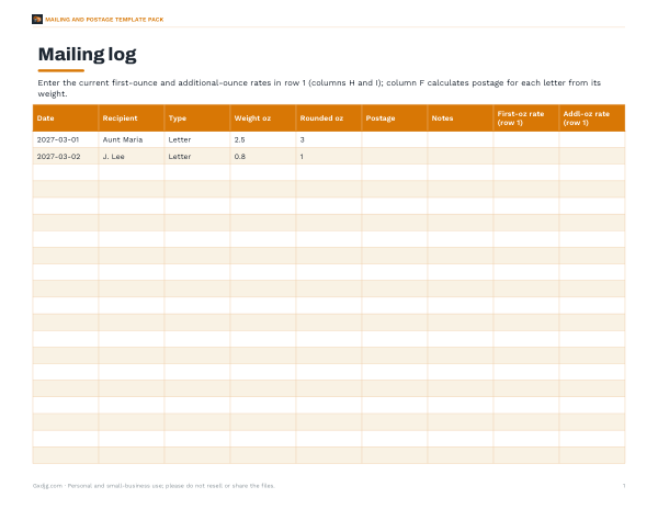Preview of Printable Mailing Log with Postage Calculator