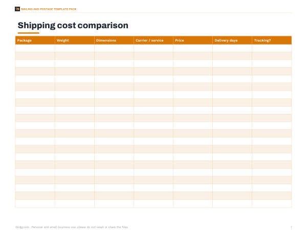 Preview of Printable Shipping Cost Comparison Sheet